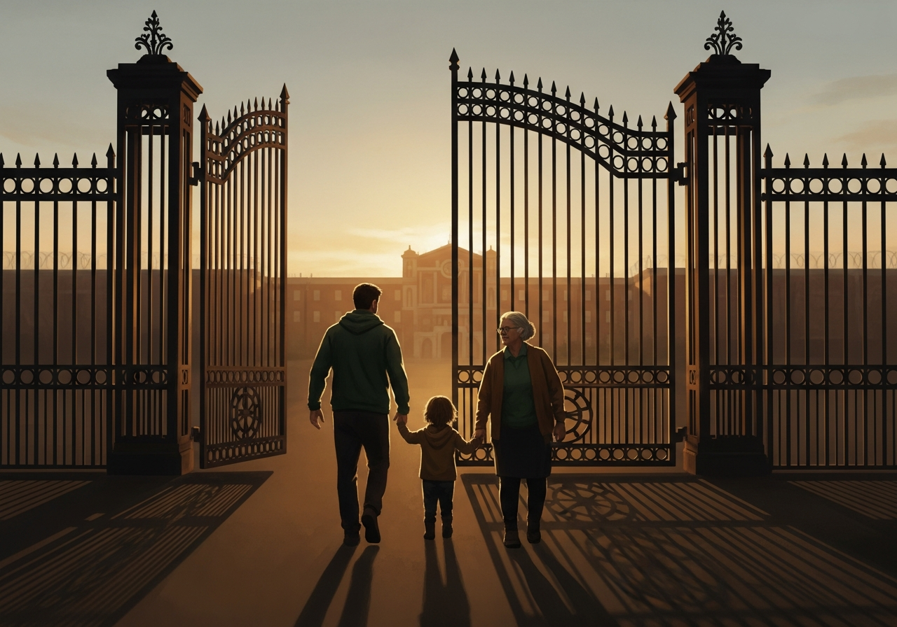 Stylized illustration of a family arriving for visiting hours